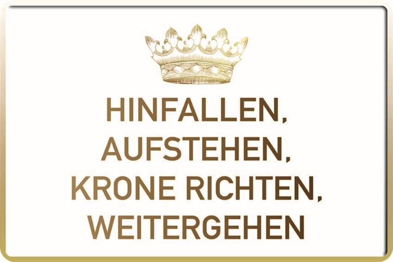 Blechschild Hinfallen, aufstehen, Krone richten, weitergehen Sprüche