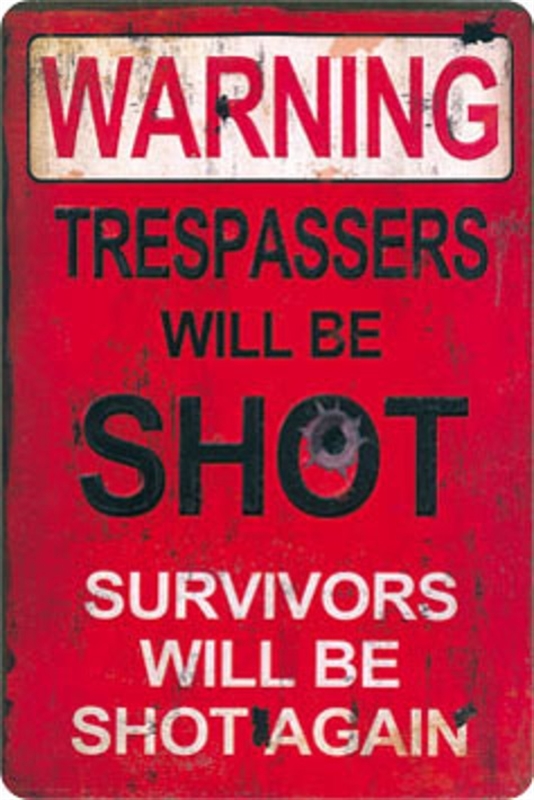Vintage 'Trespassers Will Be Shot' Metallschild – Set Aus 4 Wetterfesten Aluminium-Schildern Für Garten, Hof & Garage – 30,5 X 20,3 Cm