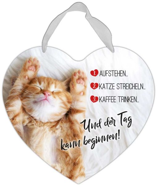 Herz-Blechschild Katze streicheln und Tag kann beginnen